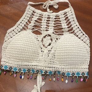 Crochet Halter Top with Beaded Fringe